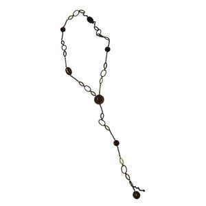 Boho Lariat Y Necklace Dark Amber Beads Bronze Oval Links Long Statement 19"